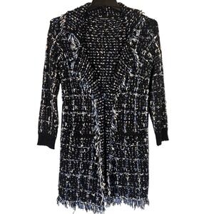 DOLCE CABO Black Blue White Textured‎ Knit Fringe Cardigan Sweater Coat Women